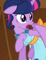 Size: 399x529 | Tagged: safe, screencap, discord, twilight sparkle, alicorn, pony, g4, make new friends but keep discord, alternate hairstyle, animated, chaos star, clothes, cropped, cute, dress, female, flapping, floating, flying, gala dress, grand galloping gala, hair bun, mare, raised eyebrow, solo focus, spread wings, suspicious, talons, twiabetes, twilight sparkle (alicorn), twilight sparkle is not amused, unamused, wings
