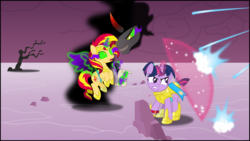 Size: 5320x3000 | Tagged: safe, artist:ruinedomega, king sombra, sunset shimmer, twilight sparkle, pony, umbrum, unicorn, g4, alternate hairstyle, alternate universe, armor, corrupted, counterparts, crystal, dark magic, force field, inkscape, magic, ponyscape, possessed, sombra eyes, standing, twilight's counterparts, vector, wings