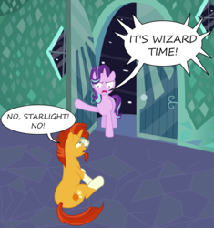 Size: 1321x1408 | Tagged: safe, artist:codename50, starlight glimmer, sunburst, pony, unicorn, g4, my little pony: friendship is magic, the crystalling, door, exploitable meme, female, glasses, goofy time, male, mare, meme, screaming, sitting, speech bubble, stallion, vector