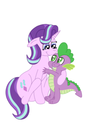 Size: 1936x2592 | Tagged: safe, artist:squipycheetah, spike, starlight glimmer, dragon, pony, unicorn, g4, season 6, the crystalling, baby, baby dragon, cute, cutie mark, fangs, female, floppy ears, glimmerbetes, green eyes, happy, hug, looking at each other, looking down, looking up, male, mare, new hairstyle, raised hoof, ship:sparlight, shipping, simple background, sitting, smiling, spikabetes, spine, straight, teeth, tooth, transparent background, vector