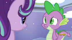 Size: 1776x1002 | Tagged: safe, screencap, spike, starlight glimmer, g4, the crystalling, discovery family logo, friendship, smiling, snow, snowfall