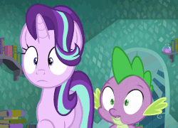 Size: 500x360 | Tagged: safe, screencap, spike, starlight glimmer, g4, the crystalling, animated, cringing, floppy ears, lip bite, raised eyebrow, reaction image, say what, shocked