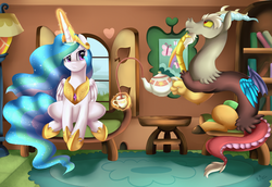 Size: 3581x2462 | Tagged: safe, artist:pridark, discord, princess celestia, alicorn, draconequus, pony, g4, cup, duo, ethereal mane, female, fluttershy's cottage, food, high res, magic, male, mare, sitting, tea, teacup, teapot, telekinesis
