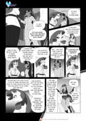 Size: 1200x1697 | Tagged: safe, artist:pia-sama, rainbow dash, rarity, spike, twilight sparkle, anthro, comic:rogue diamond, g4, comic, monochrome, older, older spike