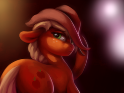 Size: 2000x1500 | Tagged: safe, artist:verulence, applejack, earth pony, pony, g4, cowboy hat, female, frown, hat, hat tip, lidded eyes, looking at you, looking back, moody, sad, solo, stetson