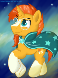 Size: 833x1111 | Tagged: safe, artist:thewintercolt, sunburst, pony, unicorn, g4, abstract background, backwards cutie mark, male, solo, stallion