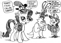 Size: 1280x909 | Tagged: safe, artist:kturtle, rarity, g4, alphys, crossover, dipper pines, gravity falls, judy hopps, male, mass crossover, monochrome, undertale, wander (wander over yonder), wander over yonder, zootopia
