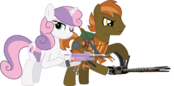 Size: 1440x714 | Tagged: safe, artist:stu-artmcmoy17, button mash, sweetie belle, g4, alternate cutie mark, assault rifle, cutie mark, grenade launcher, gun, m16, machine gun, older, rifle, simple background, transparent background, weapon