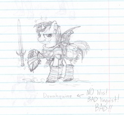 Size: 794x736 | Tagged: safe, artist:wisdom-thumbs, oc, oc only, pony, unicorn, armor, bow (weapon), bow and arrow, female, lined paper, mare, monochrome, pun, sketch, solo, sword, swordpony, traditional art, weapon