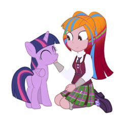 Size: 800x727 | Tagged: safe, artist:dm29, twilight sparkle, oc, oc:marmalade starrynights, equestria girls, g4, april fools, april fools 2016, april fools joke, donut steel, duo, needs more jpeg, petting, simple background, stylistic suck, transparent background, twilight sparkle (alicorn)