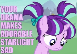 Size: 850x600 | Tagged: safe, edit, edited screencap, screencap, starlight glimmer, g4, the crystalling, alternate hairstyle, caption, cute, drama, female, filly, filly starlight glimmer, image macro, meme, pigtails, reaction image, ribbon, sad, solo, younger