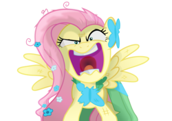 Size: 3311x2339 | Tagged: safe, artist:kehrminator, fluttershy, g4, the best night ever, clothes, dishevelled, dress, female, gala dress, high res, looking at you, screaming, simple background, solo, spread wings, transparent background, vector, you're going to love me