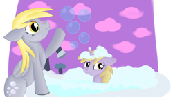 Size: 1280x720 | Tagged: safe, artist:jbond, derpy hooves, dinky hooves, pegasus, pony, unicorn, g4, bath, bubble, duo, female, filly, foal, mare