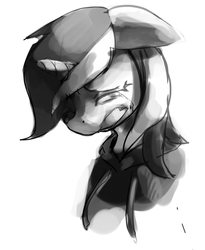 Size: 623x759 | Tagged: safe, artist:mewball, lyra heartstrings, pony, unicorn, fanfic:background pony, g4, clothes, crying, dig the swell hoodie, eyes closed, female, grayscale, gritted teeth, hoodie, monochrome, sad, solo