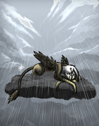 Size: 1280x1624 | Tagged: safe, artist:slawomiro, gilda, griffon, g4, cloud, crying, female, rain, sad, solo