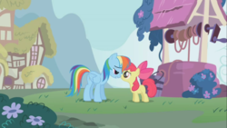 Size: 1280x720 | Tagged: safe, screencap, apple bloom, rainbow dash, pegasus, pony, call of the cutie, g4, female, filly, foal, mare, nose to nose, out of context, well