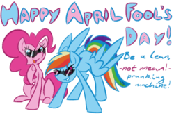 Size: 600x400 | Tagged: safe, artist:sallindaemon, pinkie pie, rainbow dash, g4, april fools, sunglasses