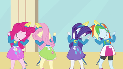 Size: 1280x720 | Tagged: safe, screencap, fluttershy, pinkie pie, rainbow dash, rarity, equestria girls, g4, female, helping twilight win the crown