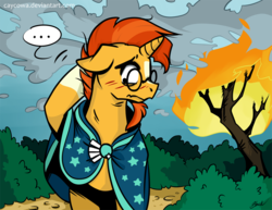 Size: 900x695 | Tagged: safe, artist:caycowa, sunburst, pony, unicorn, g4, ..., fire, glasses, male, stallion, sunburst's cloak, sunburst's glasses, tree