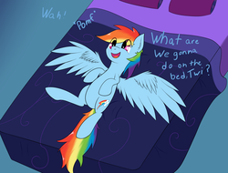 Size: 3446x2625 | Tagged: safe, artist:zogzor, rainbow dash, pegasus, pony, g4, bed, cute, female, high res, implied lesbian, implied twidash, implied twilight sparkle, lesbian, mare, offscreen character, on bed, pomf, ship:twidash, shipping, solo, wah, what are we gonna do on the bed?