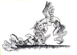 Size: 1160x820 | Tagged: safe, artist:buttersprinkle, princess celestia, princess luna, g4, concave belly, cookie, duo, eating, food, grayscale, looking at each other, lying down, monochrome, on back, side view, simple background, slender, thin, traditional art, white background