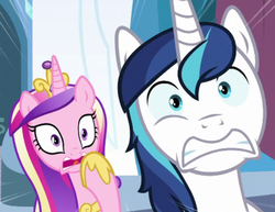 Size: 560x432 | Tagged: safe, screencap, princess cadance, shining armor, g4, my little pony: friendship is magic, the crystalling, frightened, scared, shocked