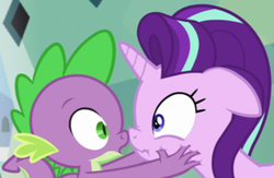 Size: 398x259 | Tagged: safe, screencap, spike, starlight glimmer, g4, my little pony: friendship is magic, the crystalling, boop, noseboop, scared, shipping fuel, shocked