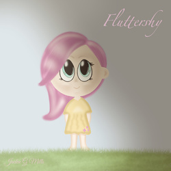 Size: 1024x1024 | Tagged: safe, artist:jackiej316, fluttershy, human, g4, clothes, dress, female, grass, humanized, looking at you, name, solo, standing, younger