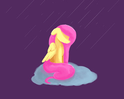 Size: 1200x960 | Tagged: safe, artist:citizensmiley, fluttershy, g4, cloud, female, floppy ears, folded wings, looking down, rain, simple background, sitting, solo, unhappy