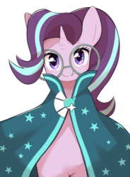 Size: 1475x2000 | Tagged: safe, artist:30clock, starlight glimmer, pony, unicorn, g4, cape, cloak, clothes, cosplay, costume, cute, female, glasses, glimmerbetes, looking at you, mare, simple background, smiling, solo, sunburst's cloak, sunburst's glasses, white background