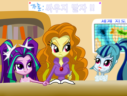 Size: 1600x1200 | Tagged: safe, artist:lovehtf421, adagio dazzle, aria blaze, sonata dusk, equestria girls, g4, annoyed, clothes, grin, hoodie, korean, lipstick, mamadagio, sleeveless, tank top, the dazzlings, translated in the comments