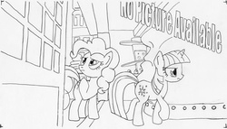 Size: 730x417 | Tagged: safe, artist:ciaran, derpibooru exclusive, pinkie pie, twilight sparkle, g4, anonymous, caption, crossover, door, frown, gorillaz, human head, lineart, monochrome, traditional art