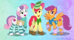 Size: 913x491 | Tagged: safe, artist:brianblackberry, apple bloom, scootaloo, sweetie belle, earth pony, pegasus, pony, unicorn, g4, winter wrap up, animal team, backwards cutie mark, boots, bottomless, clothes, cutie mark, cutie mark crusaders, female, filly, leg warmers, looking at you, older, partial nudity, plant team, raised hoof, scarf, smiling, socks, spread wings, striped socks, the cmc's cutie marks, trio, vest, weather team, wings, winter wrap up vest