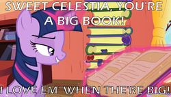 Size: 1280x728 | Tagged: safe, edit, edited screencap, screencap, twilight sparkle, pony, unicorn, g4, season 3, spike at your service, adorkable, bedroom eyes, bibliophile, book, caption, cargo ship, cute, dork, female, freud was right, giant fucking book of magic and shit, innocent innuendo, innuendo, lip bite, mare, phrasing, ship:twibook, shipping, text, that pony sure does love books, unicorn twilight