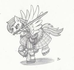 Size: 800x756 | Tagged: safe, artist:sensko, oc, oc only, pegasus, pony, black and white, claymore, grayscale, kilt, monochrome, mouth hold, pencil drawing, scottish, simple background, solo, spread wings, traditional art, unshorn fetlocks, weapon, white background
