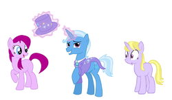 Size: 1992x1160 | Tagged: safe, artist:mrassi1000, fuchsia blush, lavender lace, trixie, pony, equestria girls, g4, my little pony equestria girls: rainbow rocks, equestria girls ponified, female, male, ponified, rule 63, tristan, trixie and the illusions