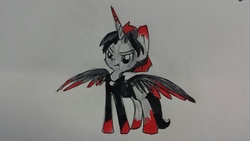 Size: 1280x720 | Tagged: safe, artist:tjpones, oc, oc only, oc:brownie bun, alicorn, demon, pony, horse wife, alicorn oc, april fools, edgy, fangs, female, mare, red and black oc, redesign, solo, traditional art