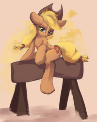 Size: 1960x2451 | Tagged: safe, artist:ruby, applejack, g4, female, floppy ears, pommel horse, sitting, solo