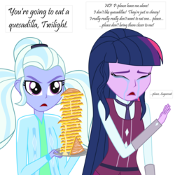 Size: 3188x3188 | Tagged: artist needed, safe, derpibooru exclusive, sci-twi, sugarcoat, twilight sparkle, equestria girls, g4, clothes, crying, crystal prep academy uniform, duo, duo female, female, food, high res, pure unfiltered evil, quesadilla, school uniform, simple background, they're just so cheesy, transparent background