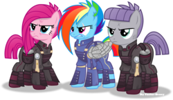 Size: 5245x3039 | Tagged: safe, artist:vector-brony, maud pie, pinkie pie, rainbow dash, earth pony, pegasus, pony, g4, the cutie re-mark, alternate timeline, amputee, apinkalypse pie, apocalypse dash, apocalypse maud, augmented, clothes, crystal war timeline, eye scar, female, high res, mare, military, pinkamena diane pie, prosthetic limb, prosthetic wing, prosthetics, scar, simple background, torn ear, transparent background, trio, vector