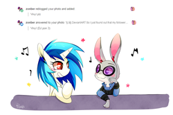 Size: 903x600 | Tagged: safe, artist:phyllismi, dj pon-3, vinyl scratch, pony, rabbit, unicorn, g4, animal, crossover, cute, disney, grin, headphones, judy hopps, tumblr, zootopia