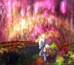 Size: 2347x2070 | Tagged: safe, artist:liracrown, trixie, pony, unicorn, g4, archway, bush, digital painting, dirt road, female, fence, garden, happy, high res, lineless, mare, path, psychedelic, saddle bag, spring, tunnel, wisteria, wooden fence