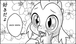 Size: 639x375 | Tagged: safe, artist:pencils, spike, dragon, g4, abstract background, black and white, blushing, bust, cute, fangs, flower, grayscale, happy, heart, japanese, male, monochrome, slit pupils, smiling, solo