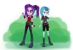 Size: 2900x2000 | Tagged: safe, artist:amante56, aria blaze, sonata dusk, equestria girls, g4, 20th century fox, amulet, belly button, clothes, crossover, dark side, disney, duel of the fates, duo, high heel boots, high res, lightsaber, lucasfilm, necklace, nightsisters, scar, sith, star wars, tattoo, weapon