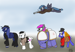 Size: 3064x2141 | Tagged: safe, artist:the-furry-railfan, oc, oc only, oc:aerith, oc:crash dive, oc:night strike, oc:scouring charge, oc:static charge, alicorn, earth pony, pegasus, pony, unicorn, fallout equestria, fallout equestria: empty quiver, alternate cutie mark, april fools joke, gold, gold ingot, grenade launcher, heresy, high res, m79, modern warfare, moneybags, power armor, powered exoskeleton, reboot, scrooge mcduck, warhammer (game), warhammer 40k, weapon