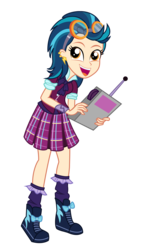 Size: 3000x5290 | Tagged: safe, artist:lifes-remedy, indigo zap, equestria girls, g4, my little pony equestria girls: friendship games, clothes, crystal prep academy, crystal prep academy uniform, crystal prep shadowbolts, derp, ear piercing, female, fiddling, goggles, high res, open mouth, piercing, pleated skirt, school uniform, shoes, simple background, skirt, sneakers, socks, solo, transparent background, vector