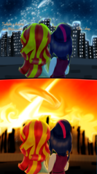 Size: 1024x1829 | Tagged: safe, artist:jabbie64, sci-twi, sunset shimmer, twilight sparkle, equestria girls, g4, asteroid, building, city, comet, counterparts, cute, dark comedy, death, doom, female, fire, funny, impact, implied death, joke, lesbian, lights, meteor, night, ship:sci-twishimmer, ship:sunsetsparkle, shipping, skyline, stars, sunset's counterparts, twilight's counterparts