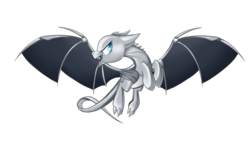 Size: 3000x1800 | Tagged: safe, artist:okapifeathers, oc, oc only, oc:llvm, dracony, hybrid, fangs, floppy ears, flying, llvm, open mouth, ponified, programming, simple background, smirk, solo, spread wings, transparent background