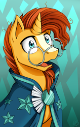 Size: 2173x3440 | Tagged: safe, artist:nothingspecialx9, sunburst, pony, unicorn, g4, the crystalling, bust, cloak, clothes, frown, gasp, glasses, high res, male, messy mane, open mouth, portrait, solo, stallion, sunburst's cloak, sunburst's glasses, wide eyes