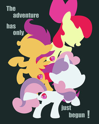 Size: 700x875 | Tagged: safe, artist:cyle, part of a set, apple bloom, scootaloo, sweetie belle, earth pony, pegasus, pony, unicorn, g4, apple bloom's bow, backwards cutie mark, bow, cutie mark, cutie mark crusaders, female, filly, foal, hair bow, minimalist, open mouth, poster, spread wings, text, the cmc's cutie marks, wings